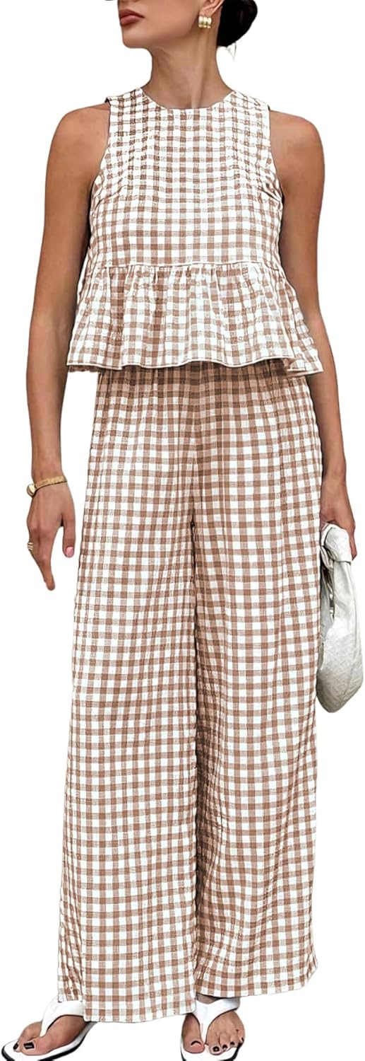 Detalle de VATEAMI Women's 2-Piece Gingham Set: Sleeveless Ruffle Tank & Wide-Leg Pants