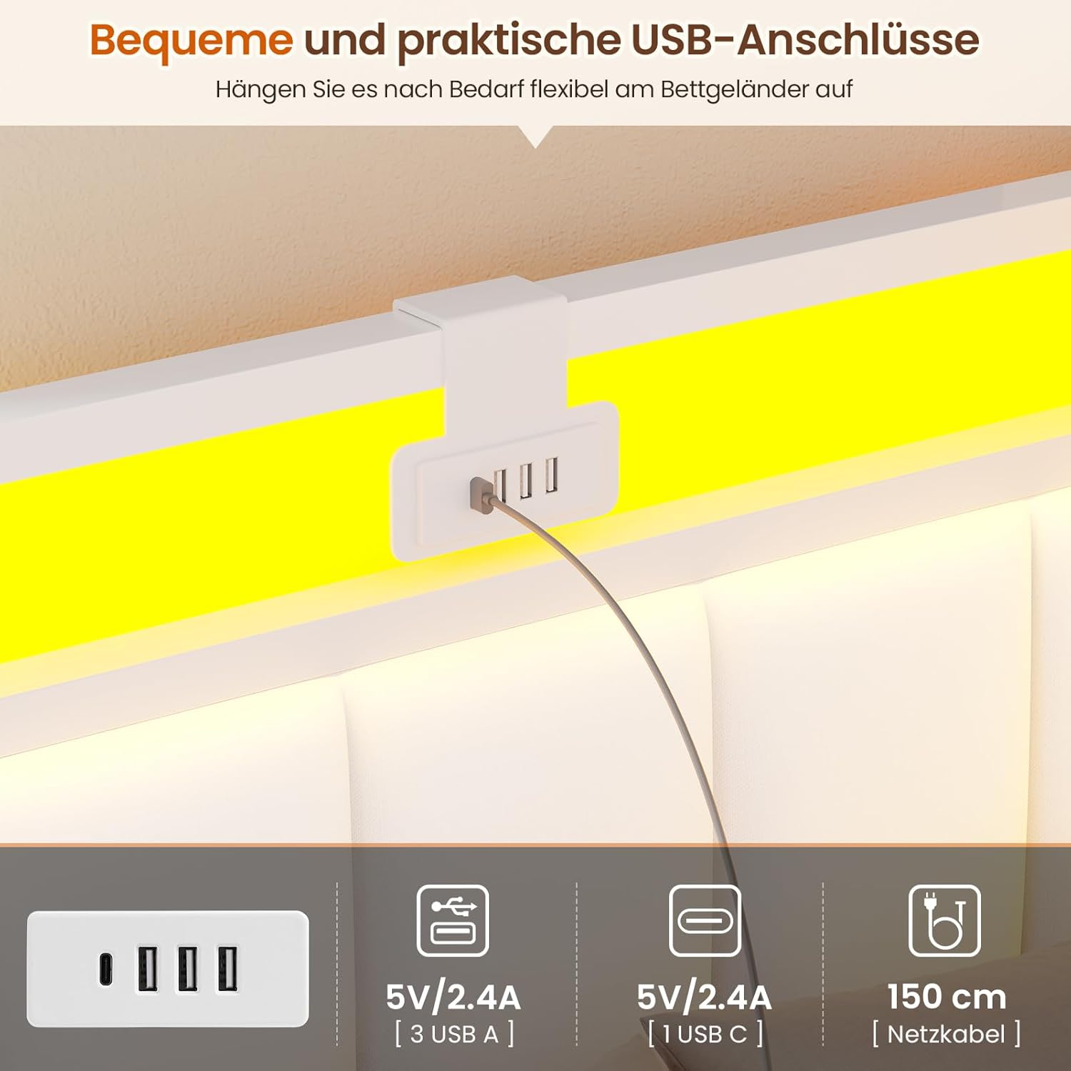 Detalle 2 de DICTAC Jugendbett 90x200 mit LED-Beleuchtung und USB-Ladestation – Schlafsofa, Eckdesign aus Metall mit zwei Schubladen