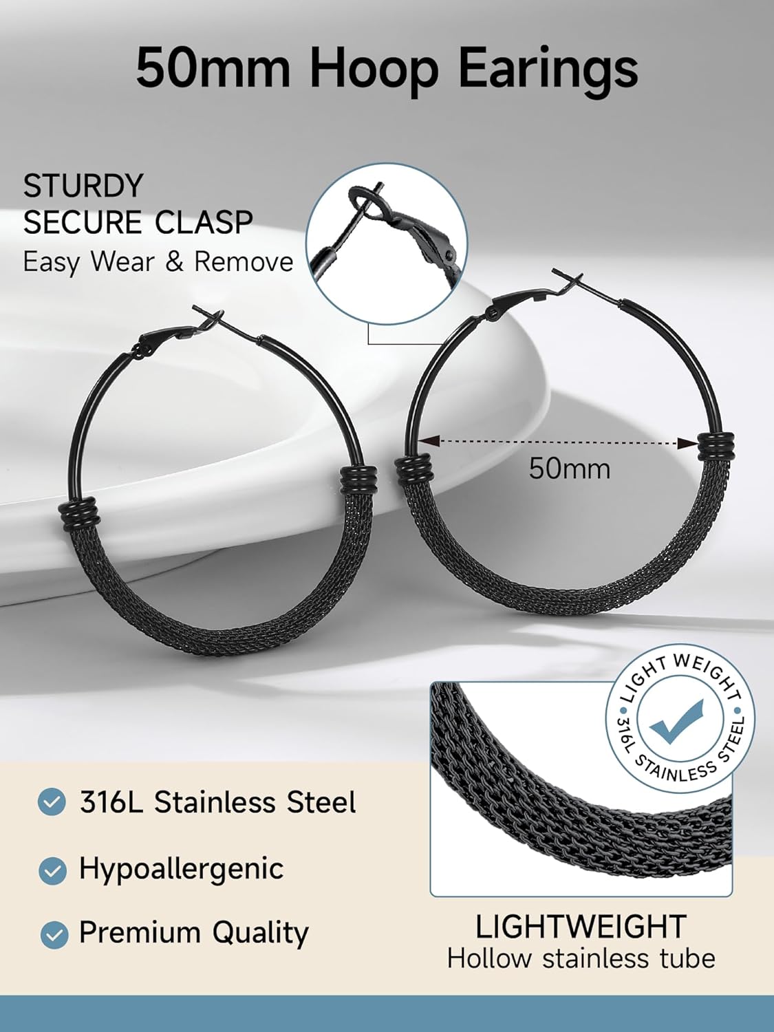 Thumbnail 4 de PROSTEEL créoles en acier inoxydable 316L pour femme – anneaux 20/30/40/50/60/70/80 mm en maille (plaqué or ou couleur noir)