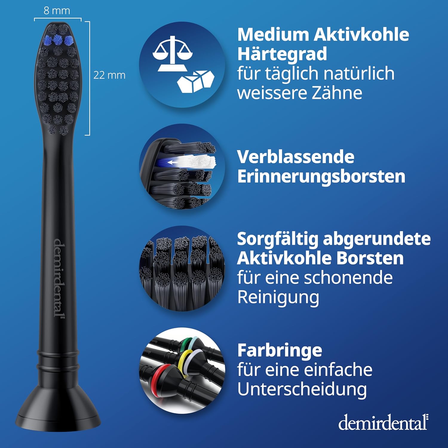 Thumbnail 3 de demirdental Aktivkohle Ersatzbürsten für Philips Sonicare – Medium, schwarz, 8er Set (entspricht HX9058MB)