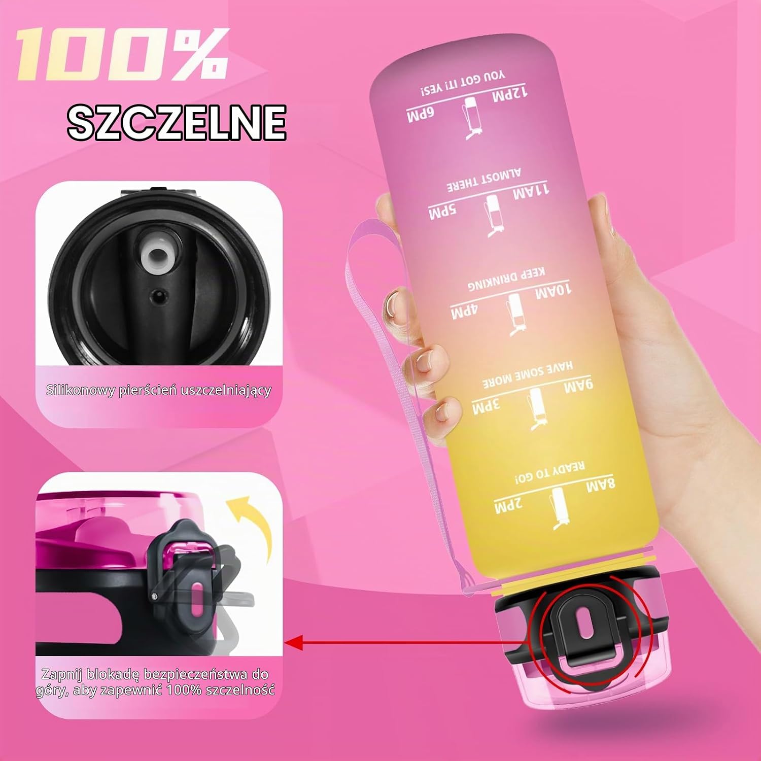 Detalle de Grsta Grsta-TY-SYXZG-1000ML-JB-Yellow-Pink – butelka sportowa 1 l ze słomką i skalą czasu