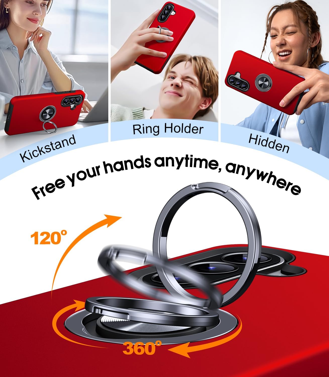Detalle de AOUIA Galaxy A57 5G case with 2-pack screen protectors and 360° rotating ring kickstand (Red)