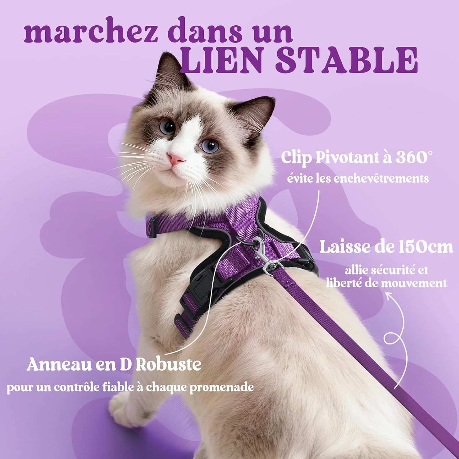 Thumbnail 4 de rabbitgoo Harnais et laisse pour chat violet taille XS : harnais souple réglable anti-fugue