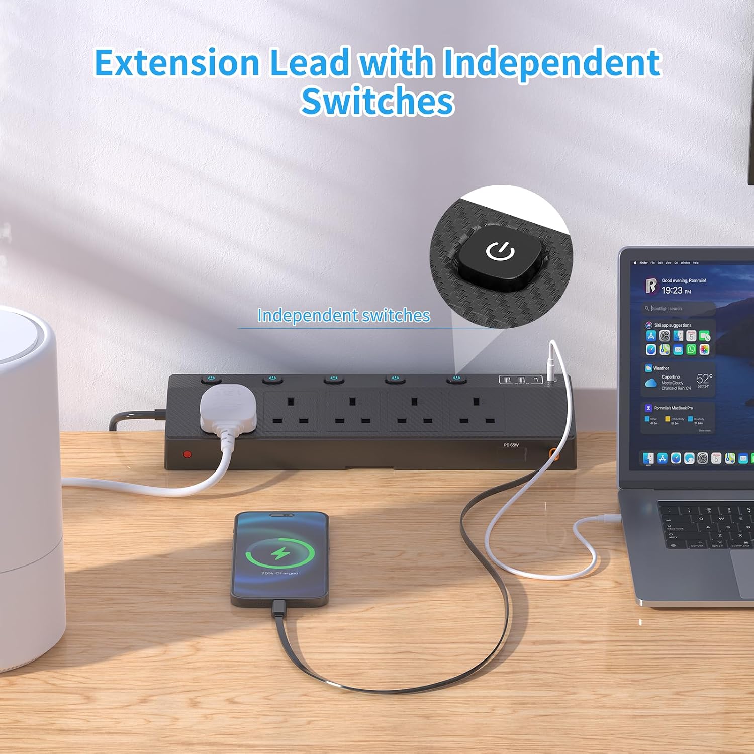 Detalle de Desk Extension Lead 1.8M with PD 65W USB‑C, 5 AC Sockets, 2 USB‑A and 3 USB‑C Ports, Retractable Cable & Desk Clamp