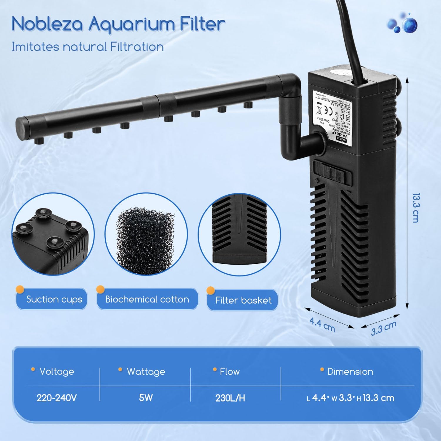 Thumbnail 5 de Nobleza Filtro per Acquario 5W con portata 230 L/h (filtro interno) per vasche da 20 a 50 litri