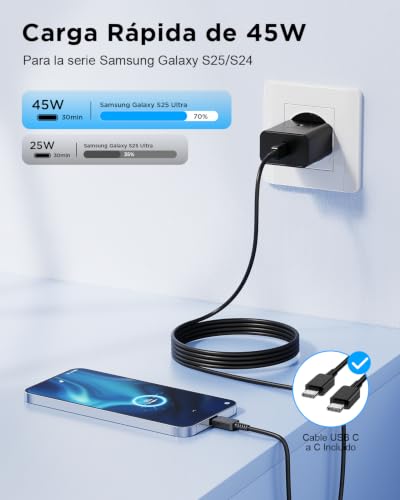 Detalle de Cargador USB-C 45W Baileku con cable de 2 m para Samsung y más