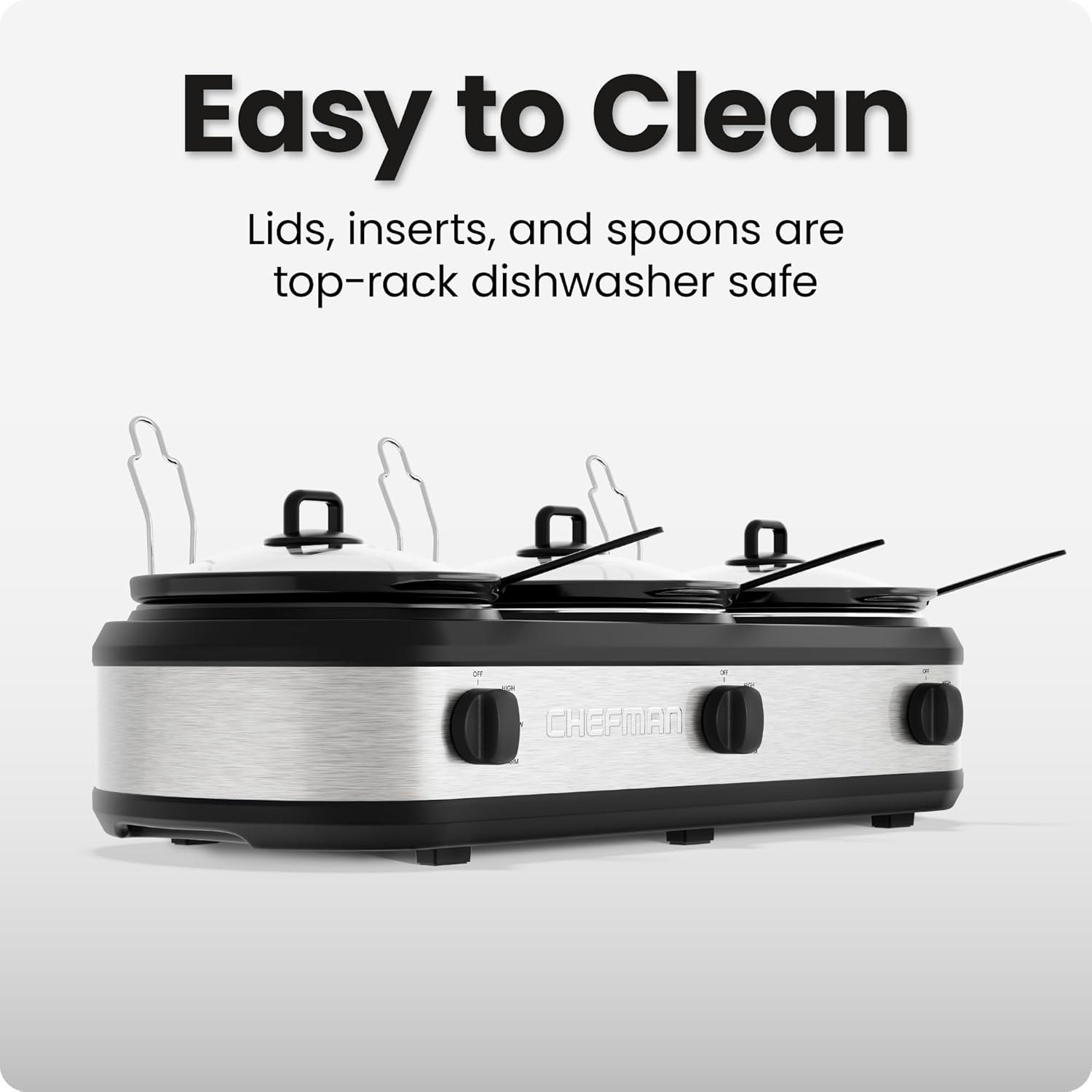 Detalle 2 de Chefman Triple Slow Cooker & Food Warmer with 3 Ceramic Crocks (7.5-Quart Total, PFAS-Free)