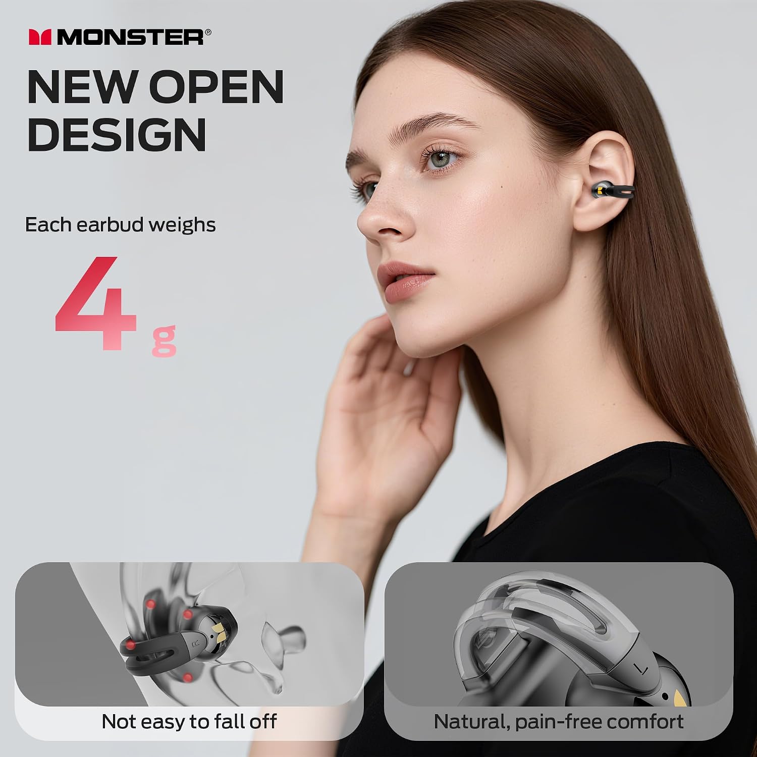 Detalle de oraolo Monster Open Ear AC221 Clip-On Earbuds, Bluetooth 6.0, IPX6