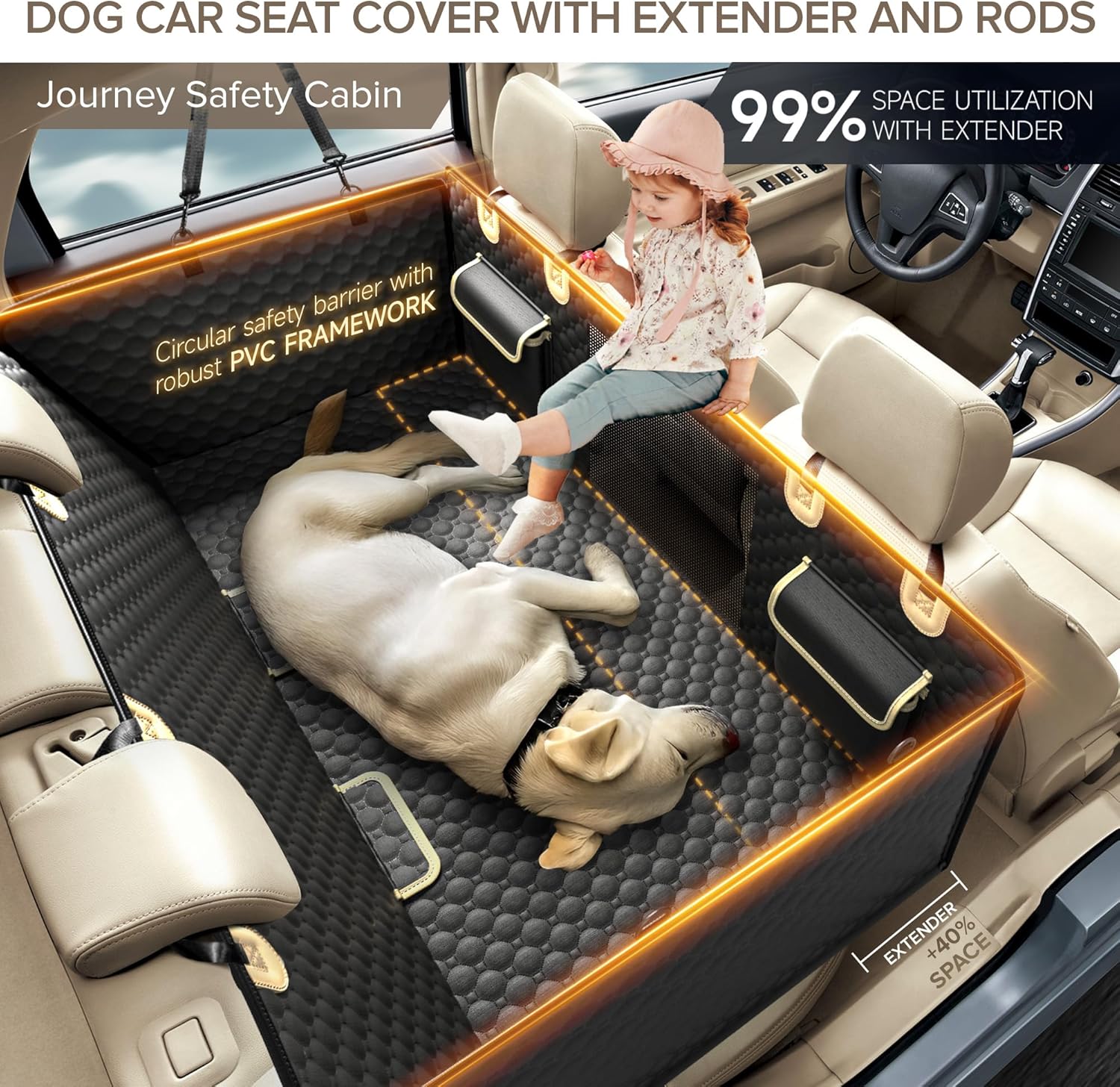 Detalle de SHARLOVY Back Seat Extender for Dogs: Heavy-Duty Car Seat Cover with Hard Bottom and 3-rod Safety Frame