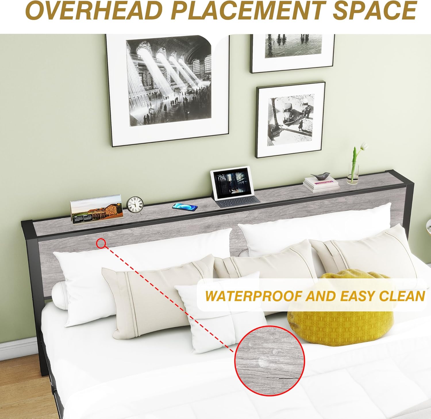 Thumbnail 3 de DUMEE Double Bed Frame with Wooden Storage Shelf Headboard and Metal Platform – Black/Grey Oak