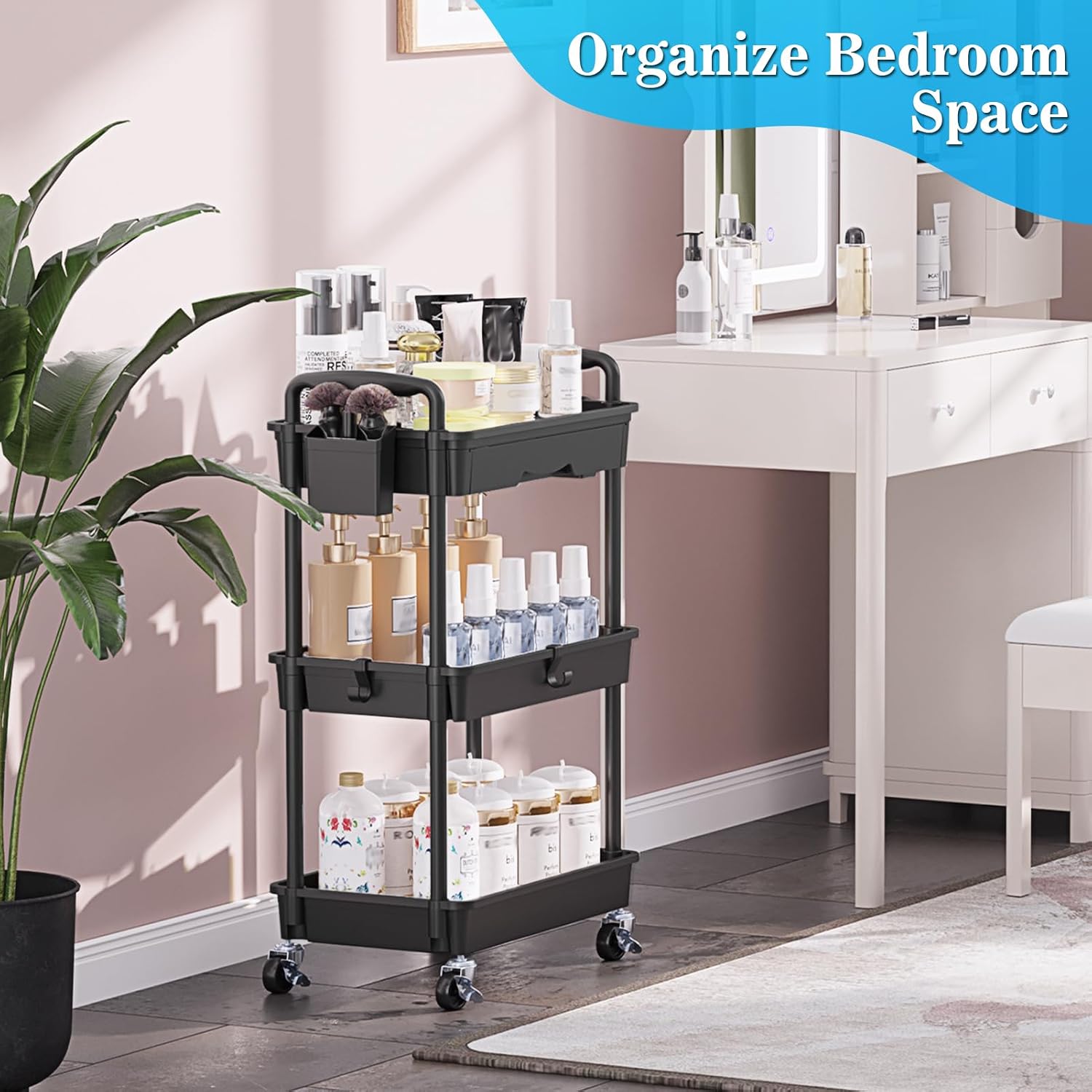 Detalle 2 de SUNALLY SN-UC03B 3-Tier Rolling Cart with Drawer, Hooks and Locking Wheels