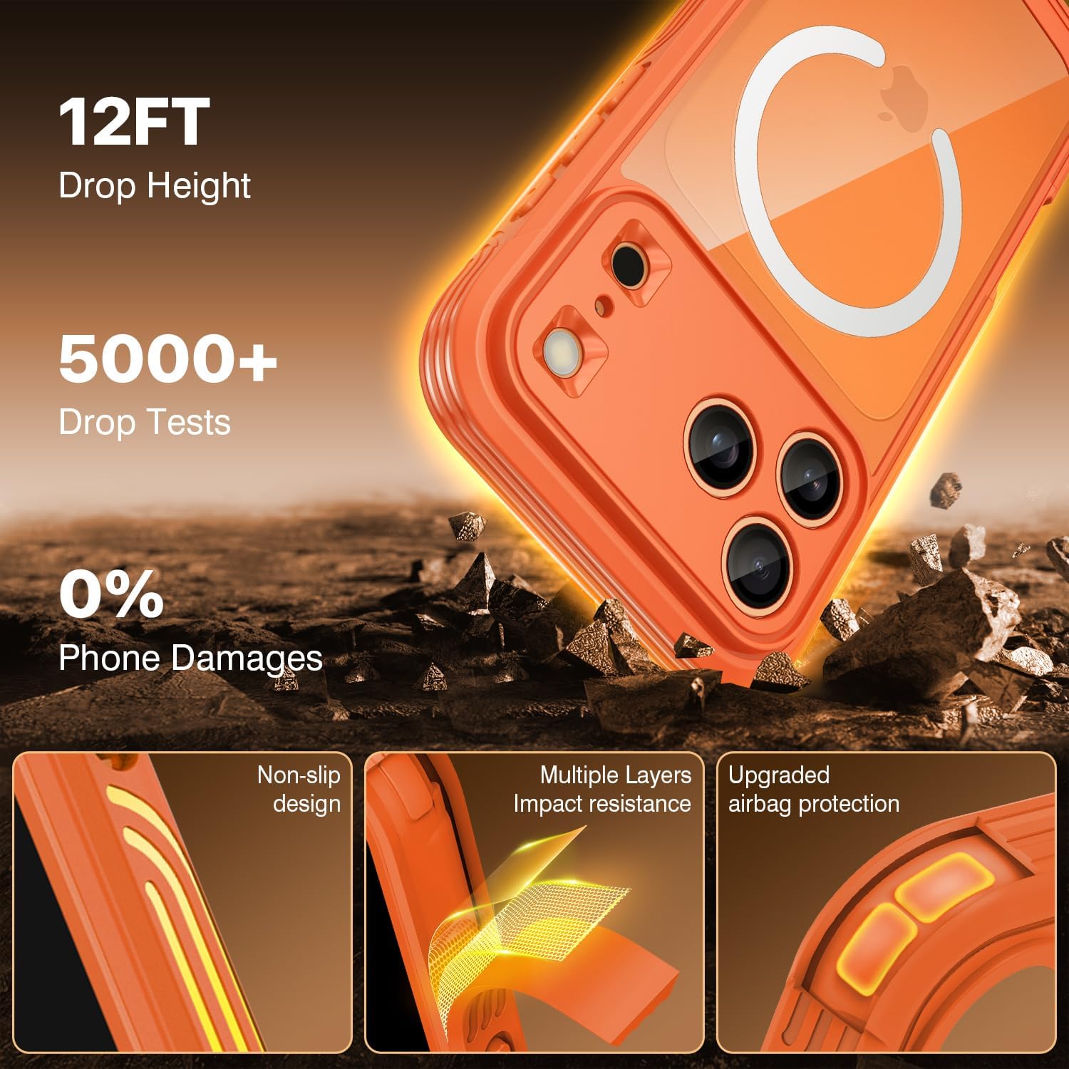 Thumbnail 4 de CENHUFO MagSafe case for iPhone 17 Pro Max with built-in 9H glass screen protector – Orange