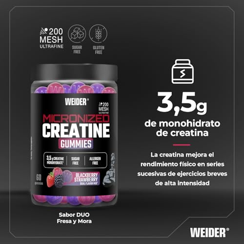 Detalle de Weider Micronized Creatine Gummies, gominolas de creatina 200 MESH Fresa-Mora