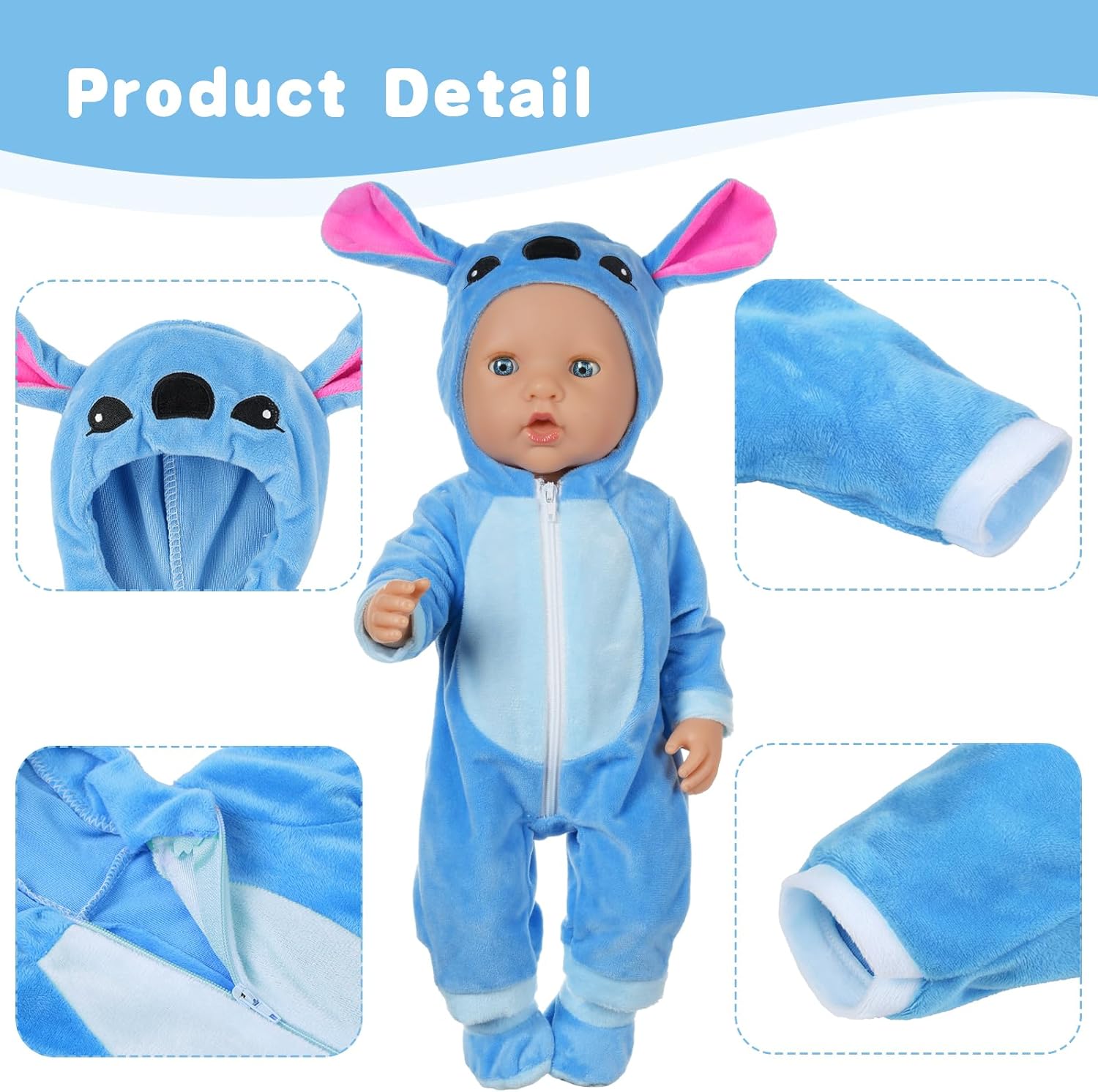 Thumbnail 2 de Aolso vestiti per bambole New Born Baby Doll: pagliaccetto blu con cappello, calzini e gruccia (per bambole 35–45 cm)