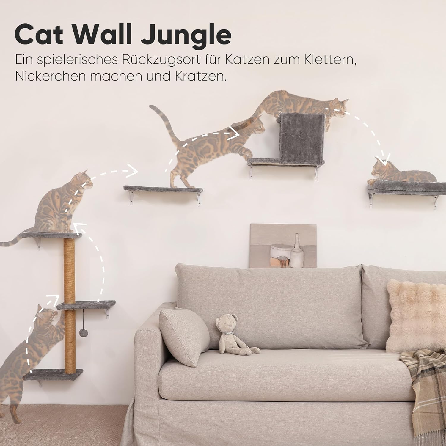Detalle de FUKUMARU Kletterwand Katzen Set (Multiplex) bis 18 kg – Katzenbrücke, Kratzbaum und Hängematte in Hellgrau