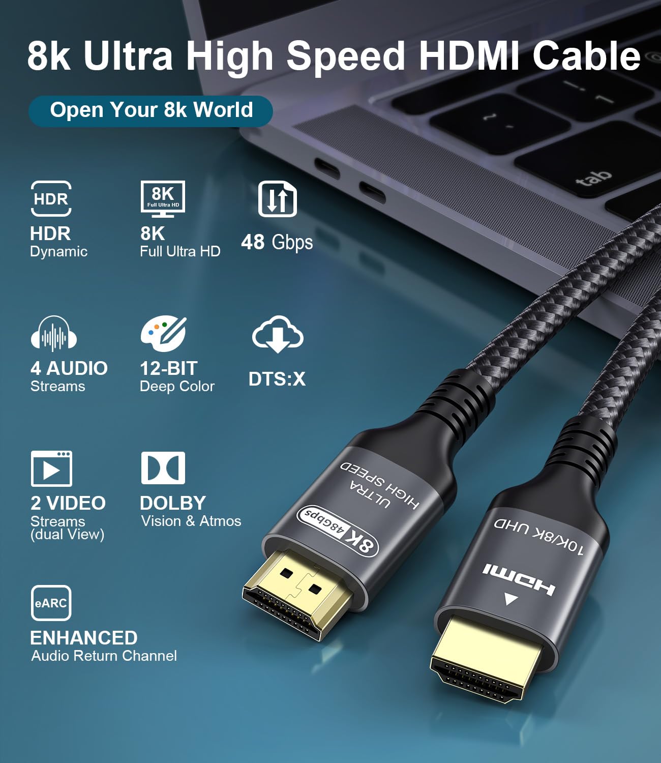 Thumbnail 6 de Certified 10K/8K HDMI 2.1 Cable (3m) 48Gbps with Ethernet, eARC & 4K 240Hz support
