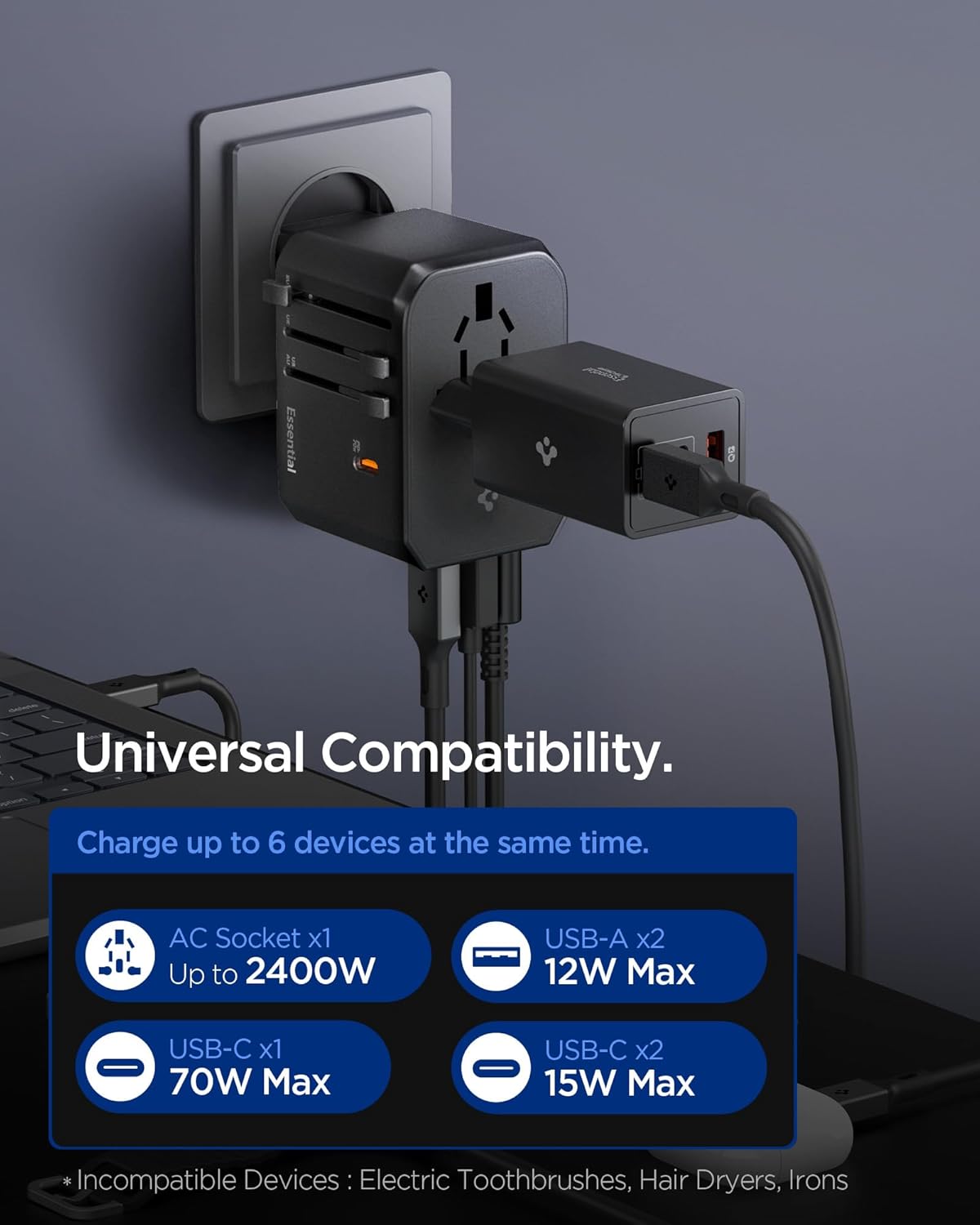 Thumbnail 1 de Spigen ArcStation adaptateur de voyage universel 70W (5 ports : 3 USB‑C + 2 USB‑A) beige Dune