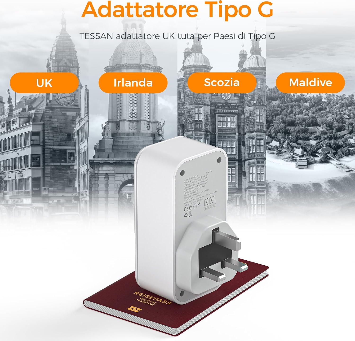 Detalle de TESSAN Adattatore Presa Inglese a Spina Italiana 6 in 1 con 2 USB-C e 2 USB-A: la soluzione compatta per viaggiatori