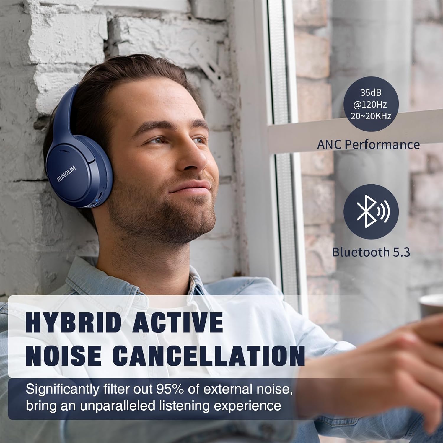 Detalle de RUNOLIM Hybrid ANC Wireless Headphones – Over-Ear Bluetooth with 70h Playtime