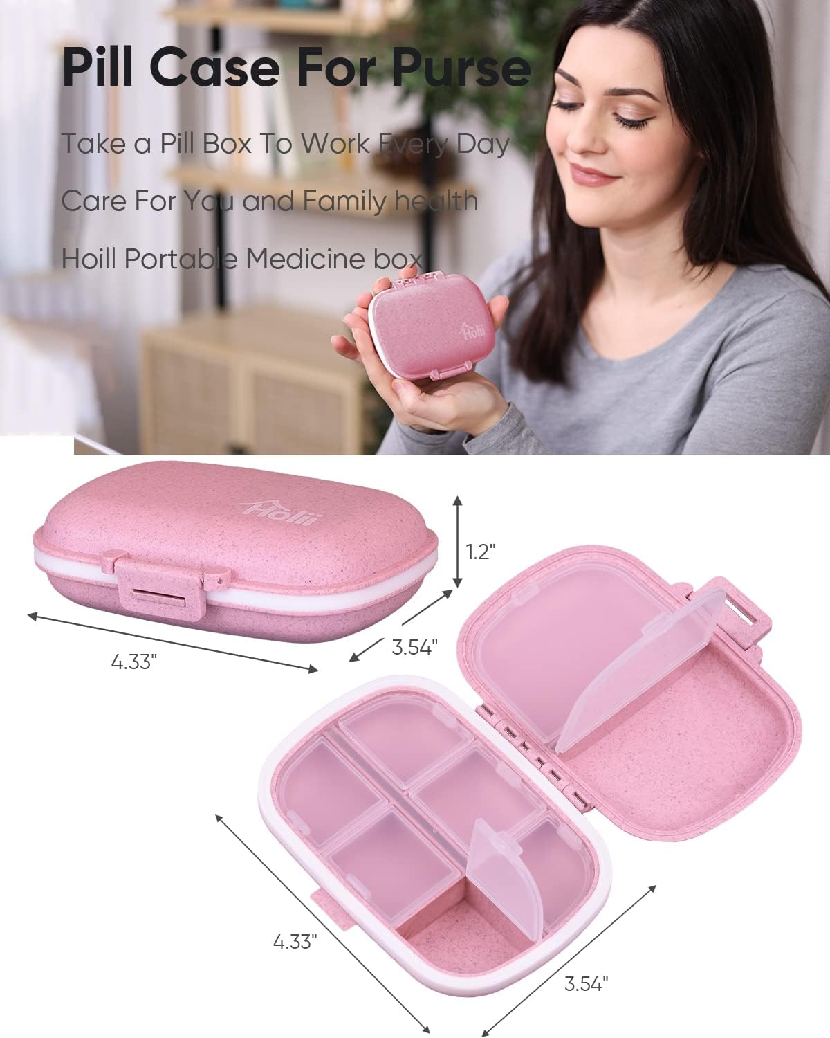 Detalle de Holii YH-002 Travel Pill Organizer, Pink 8-Compartment Portable Case