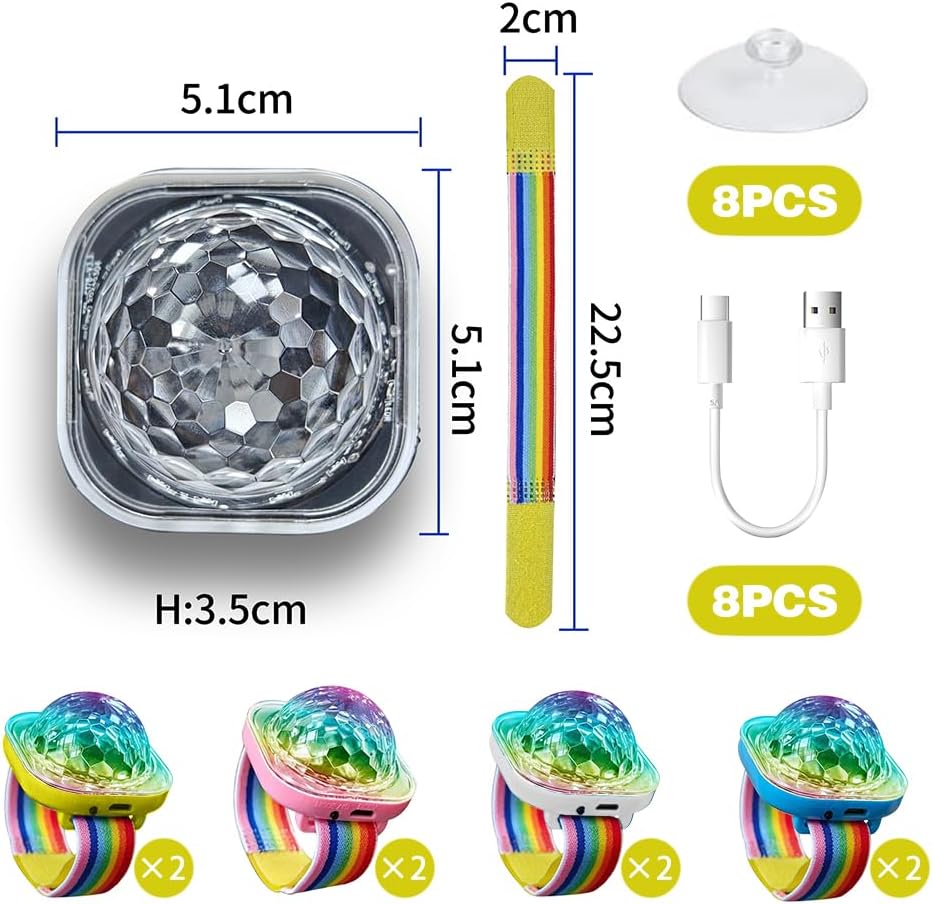 Detalle 2 de Discokugel Armband Partylicht, 8er-Set – Musikgesteuerte Mini-LED Beamer mit Saugnapf, USB-Aufladung