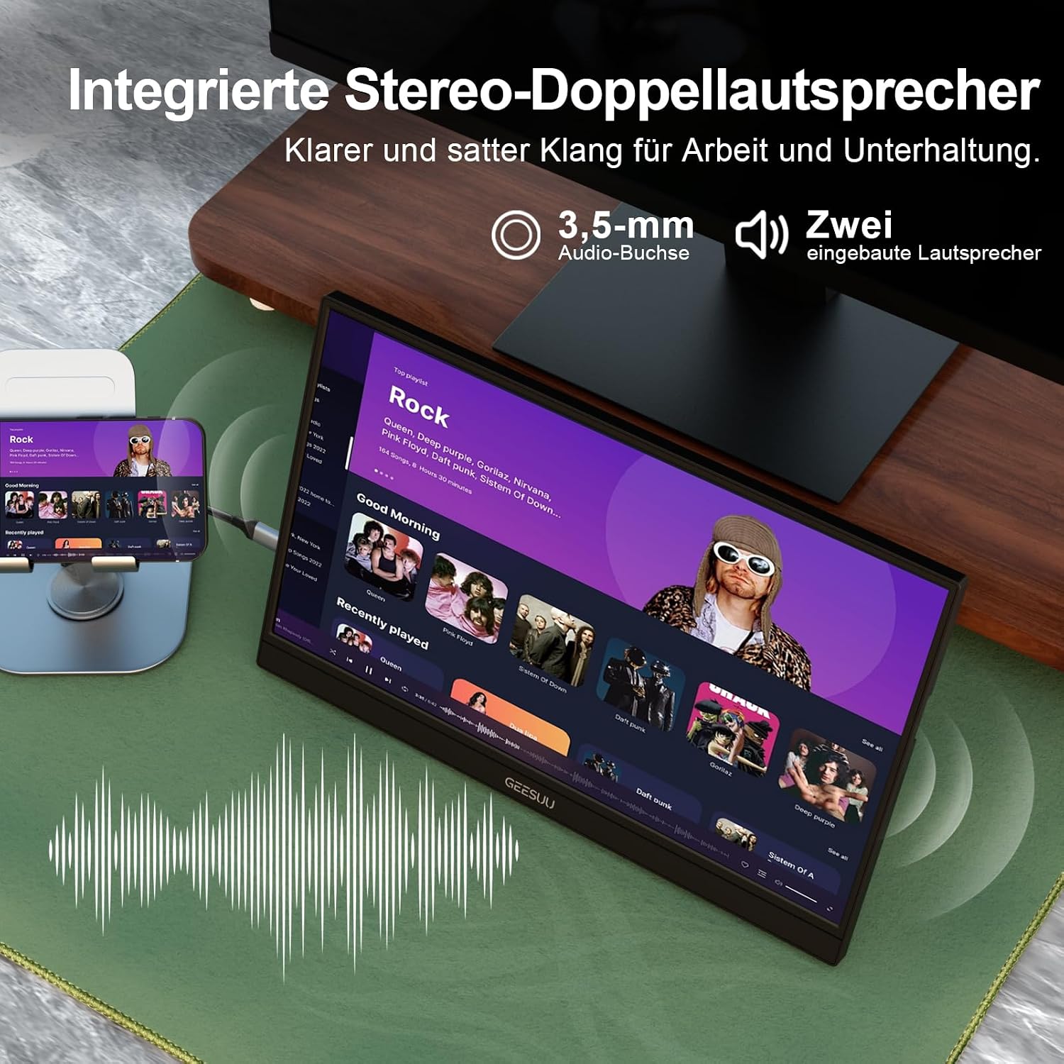 Detalle de GEESUU 15,6 Zoll tragbarer Monitor – FHD IPS Display, HDR, USB-C/HDMI, integrierte Lautsprecher