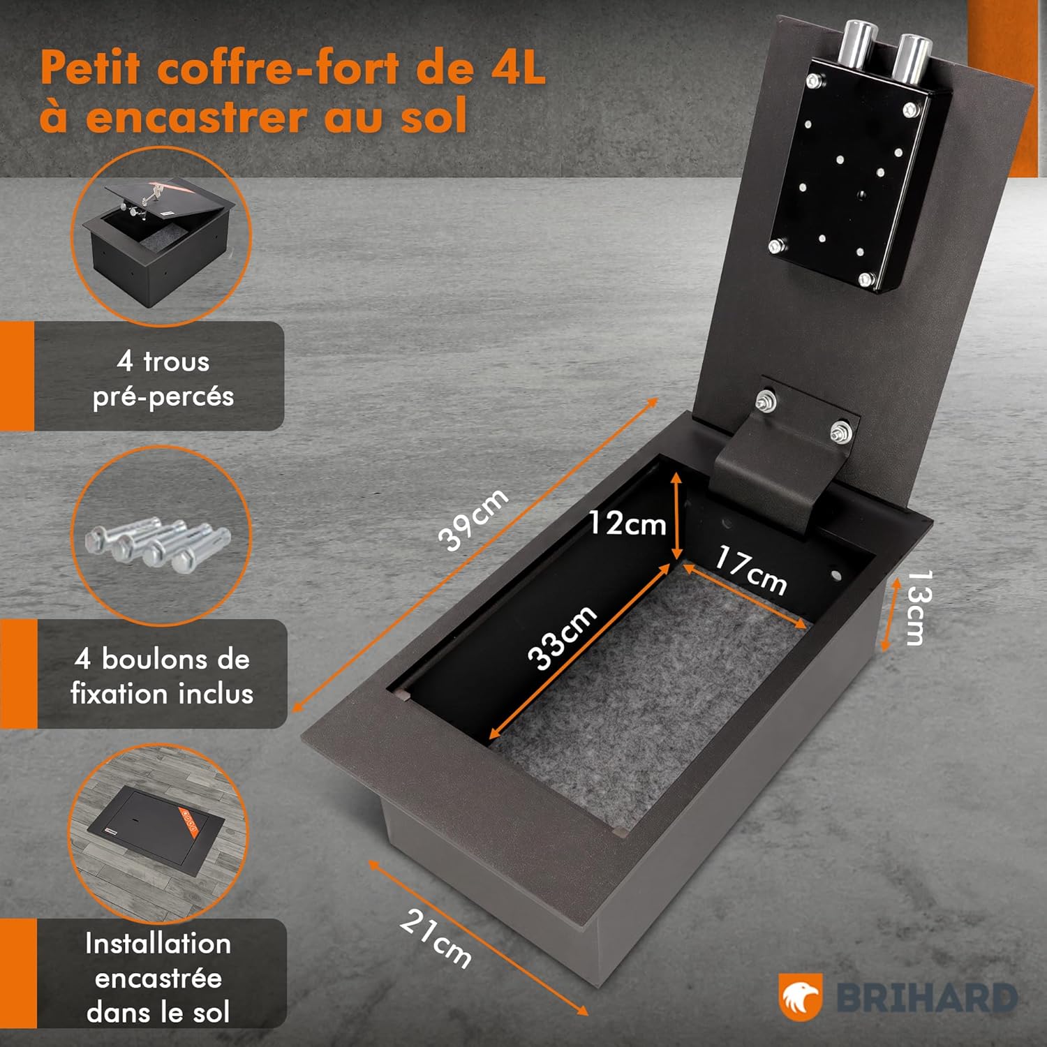 Detalle de Brihard Coffre-Fort de Sol 4L: coffre discret en acier encastrable avec serrure à clé