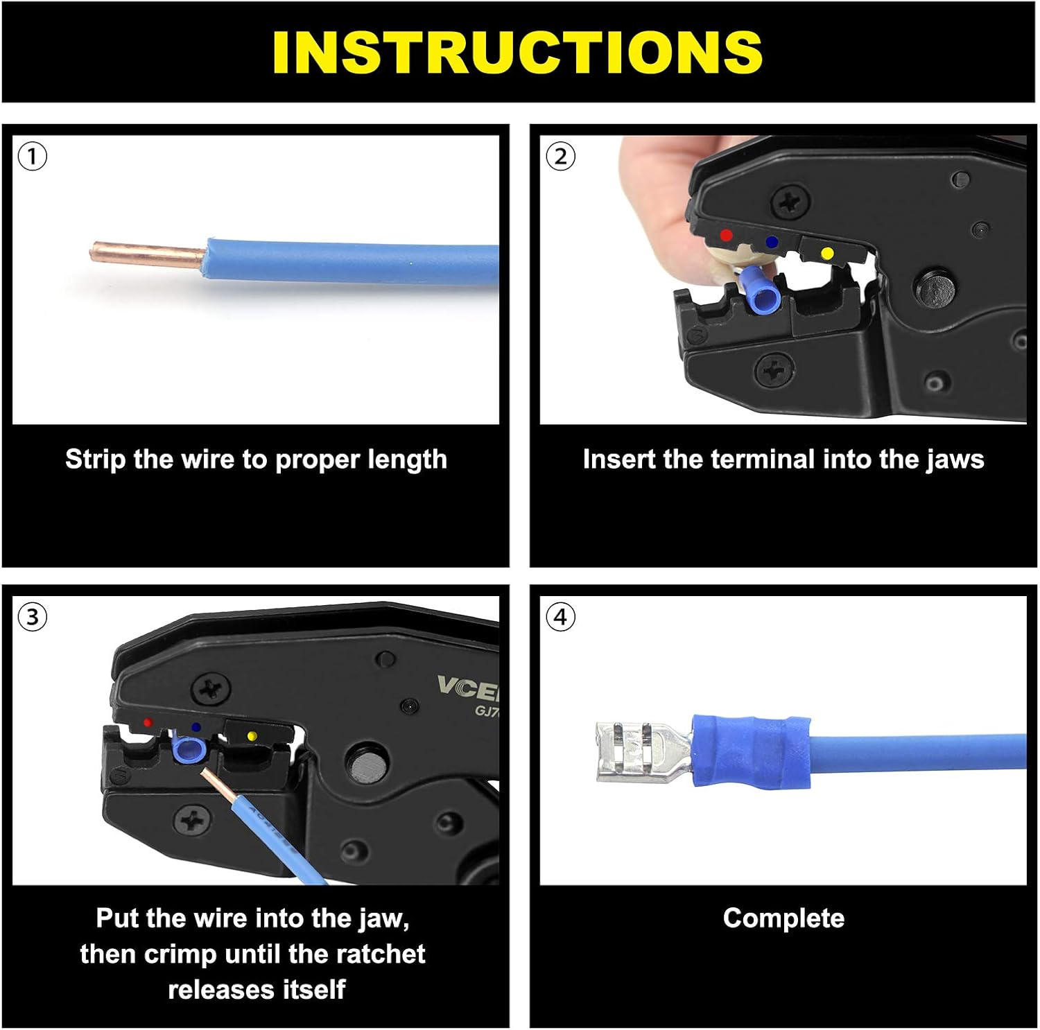 Thumbnail 4 de VCELINK GJ707 ratchet wire crimping tool for insulated electrical connectors (22–10 AWG)