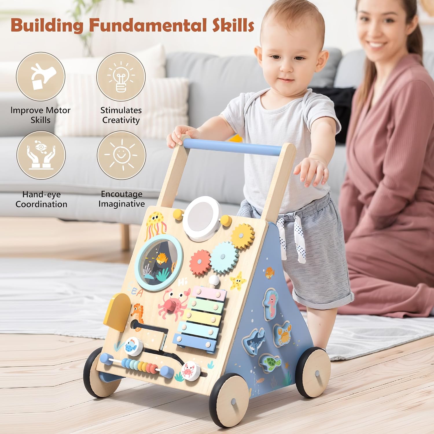 Thumbnail 4 de Lauflernwagen Holz Ocean – Montessori Lauflernhilfe mit Meeresmotiven und Aktivitätsboard