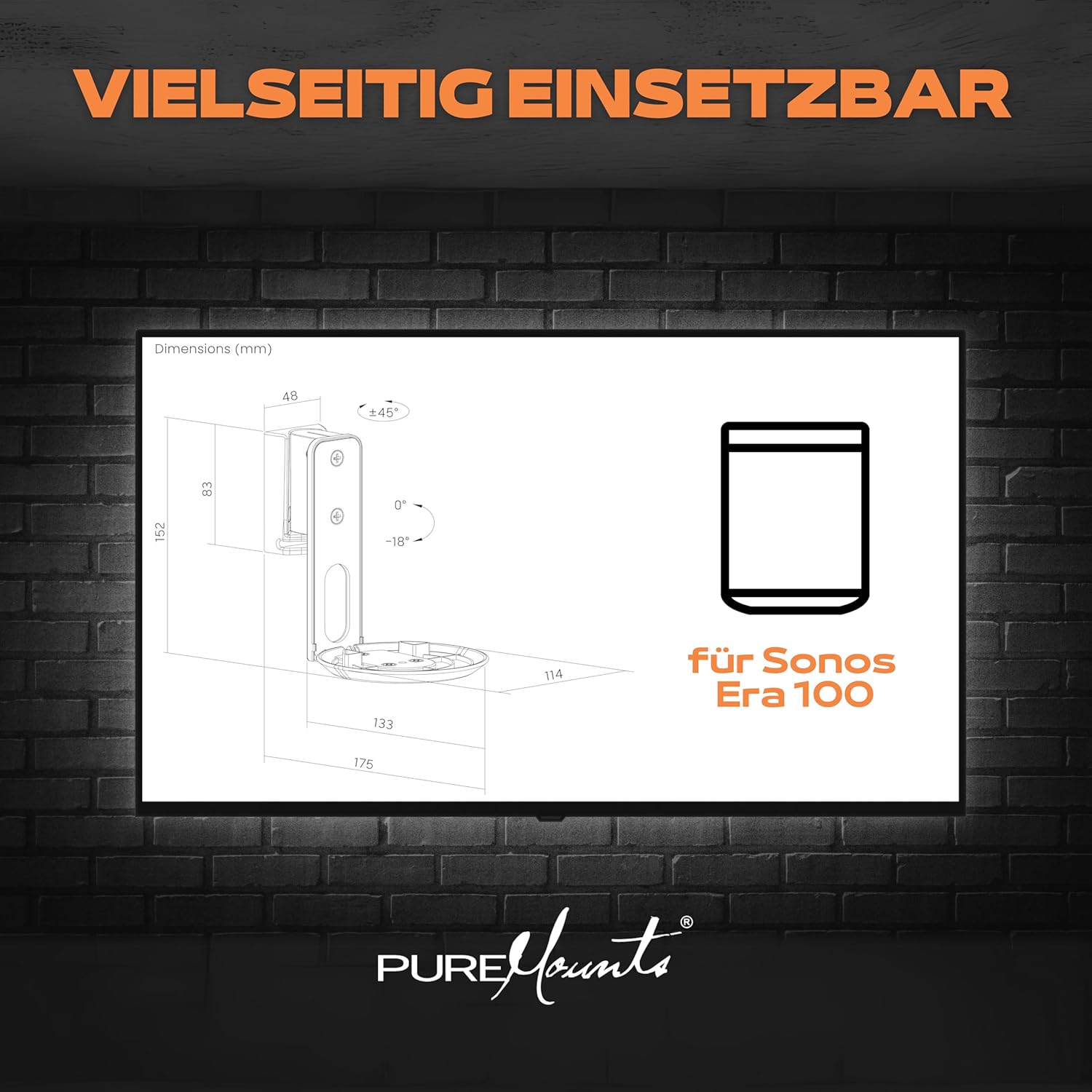 Detalle de PureMounts supporto a parete per diffusori Sonos Era 100 (set da 2) bianco, orientabile ±45° e inclinabile 0/-18°