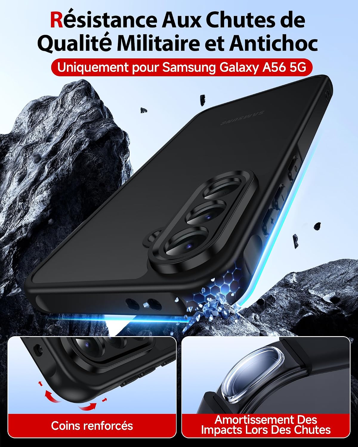 Detalle de LeYi Coque pour Samsung Galaxy A56 / A56 5G avec 2 verres trempés 9H, protection caméra et écran, TPU/PC finition mate anti-traces – Noir