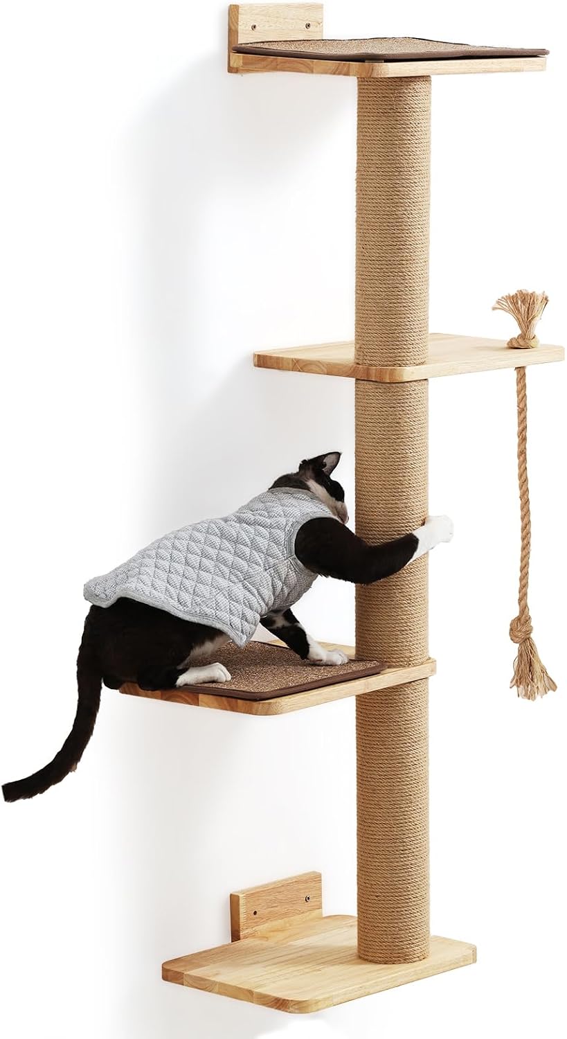 Thumbnail 6 de FUKUMARU Kratzbaum für Katzen, Wandmontage – 127,7 cm, inkl. Katzenbett, Kratzpfosten und Jutematte aus massivem Gummibaumholz