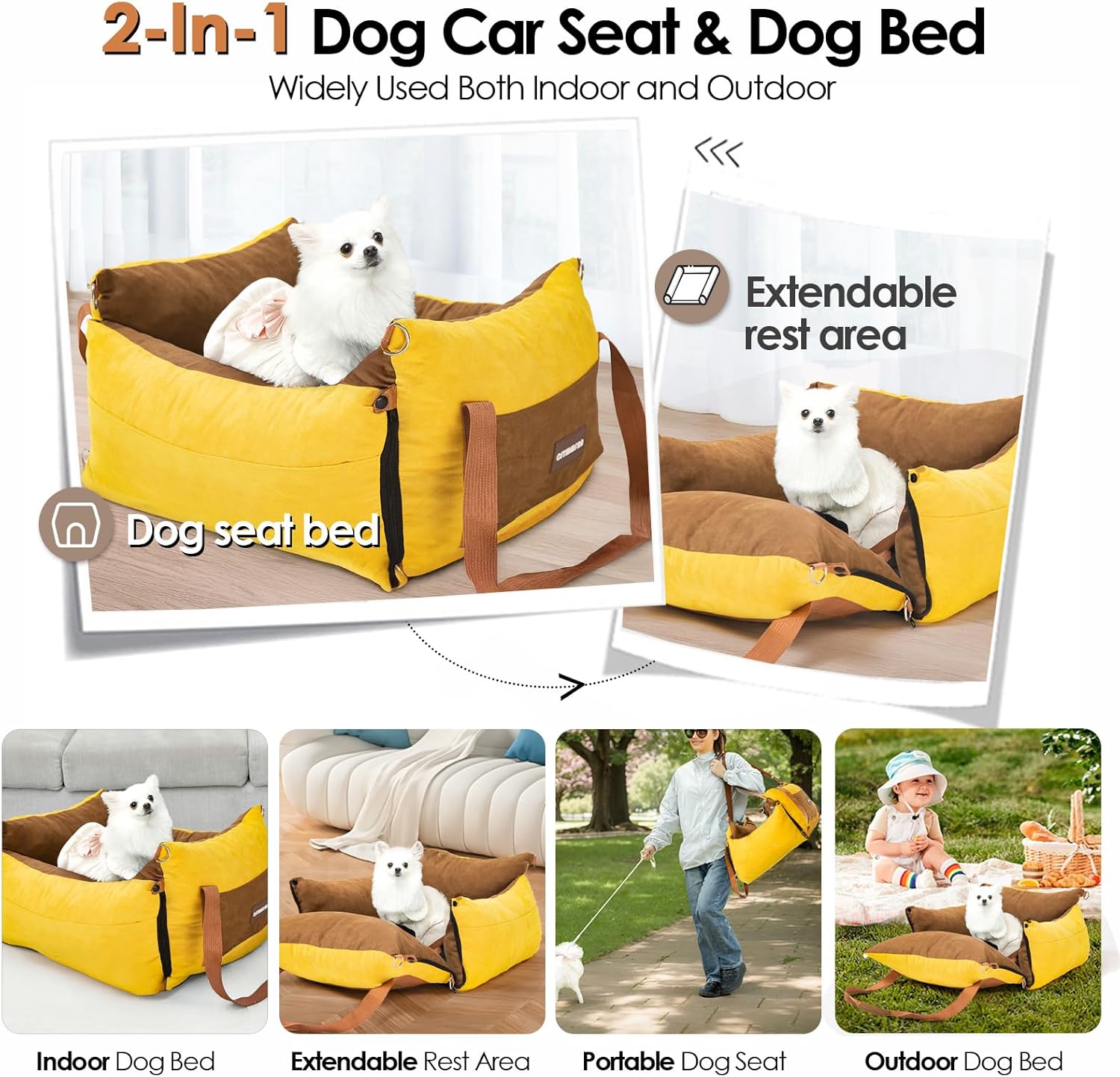 Detalle de Dog Car Seat for Small & Medium Pets up to 15kg — Portable Travel Bed with Extendable Rest Area