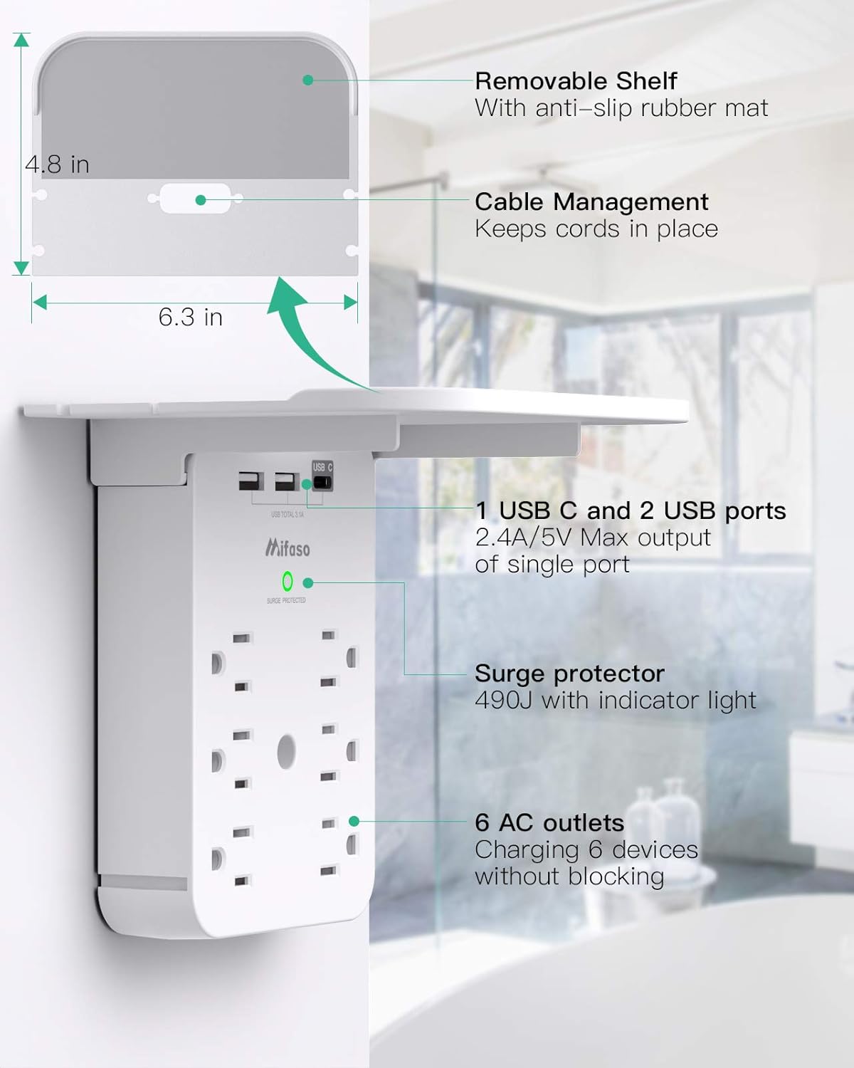 Detalle de Wall Outlet Extender with Surge Protector 490J