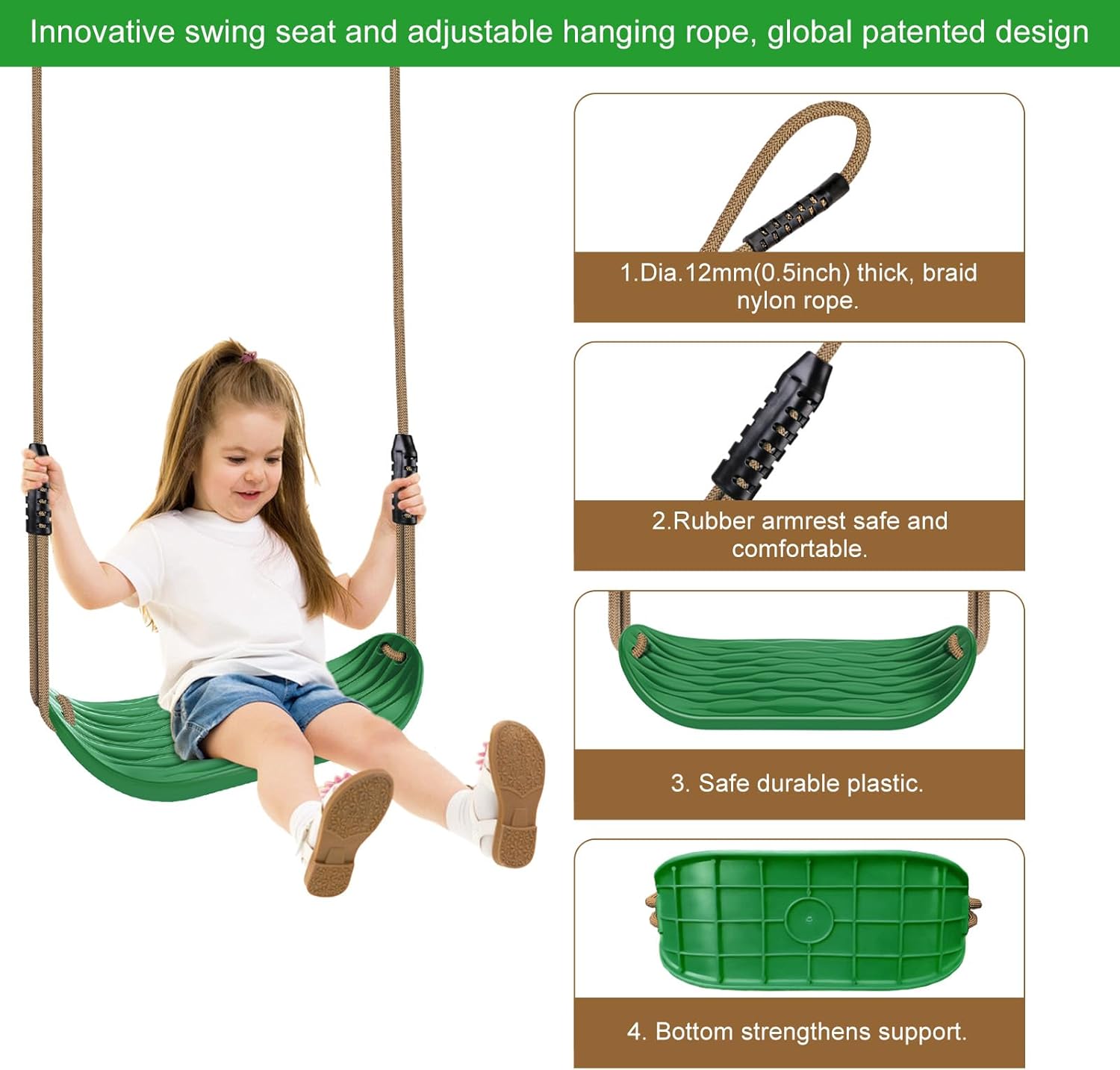 Thumbnail 5 de BeneLabe 2pcs Balançoire Extérieur avec Siège au format “hanche” – corde 130–200 cm, 113 kg, mousquetons inclus
