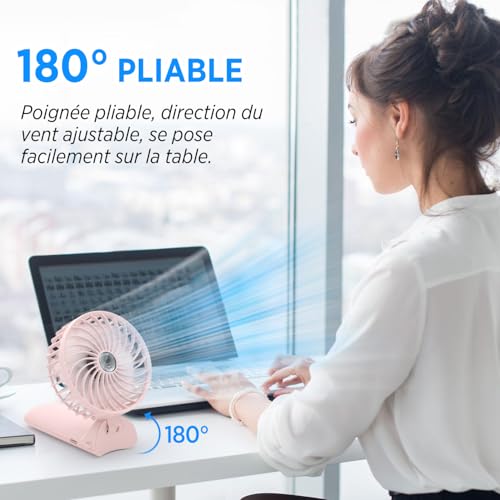 Detalle de Lepwings Mini Ventilateur Portable USB Rechargeable — 4 vitesses, autonomie jusqu'à 16 h, rotation 180°, blanc