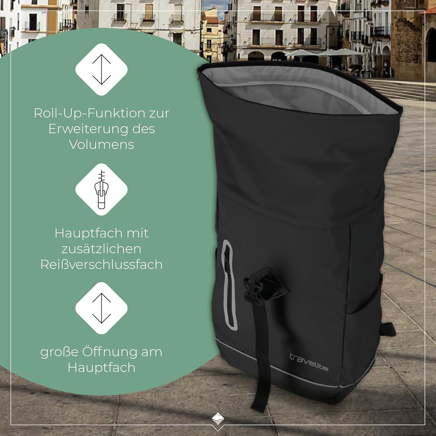 Detalle de Travelite BASICS Rolltop-Rucksack wasserfest mit Reflektoren (19 Liter)
