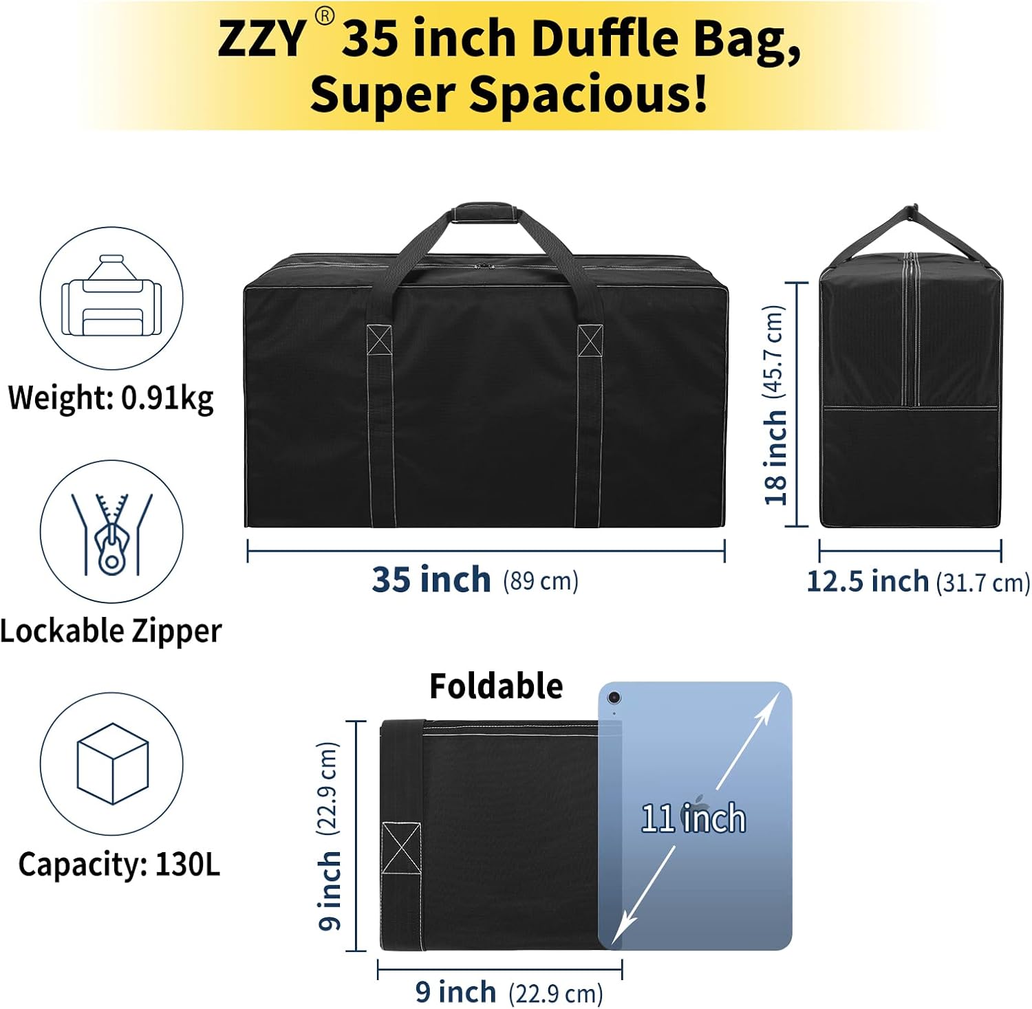 Thumbnail 1 de 130L Extra Large Duffle Bag – 35 inch Holdall, Heavy Duty, Water Resistant & Lockable