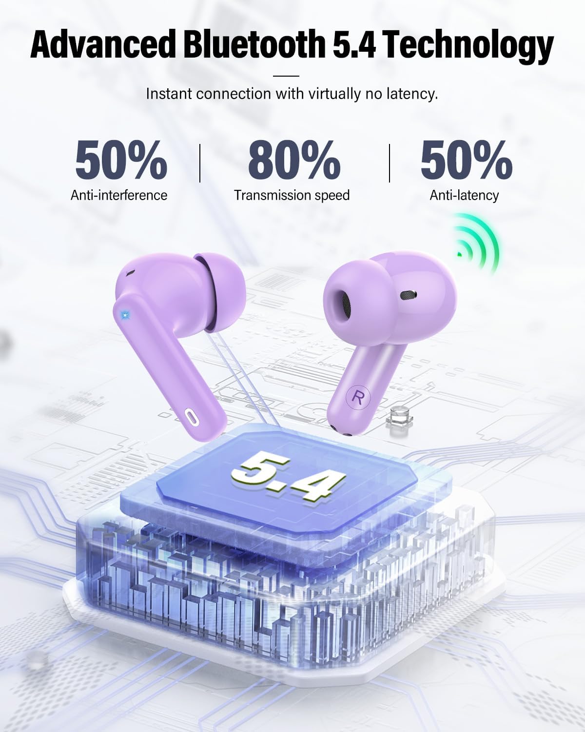 Detalle 2 de Btootos A-A90 Pro Wireless Earbuds, Bluetooth 5.4, Purple, 36-Hour Playtime