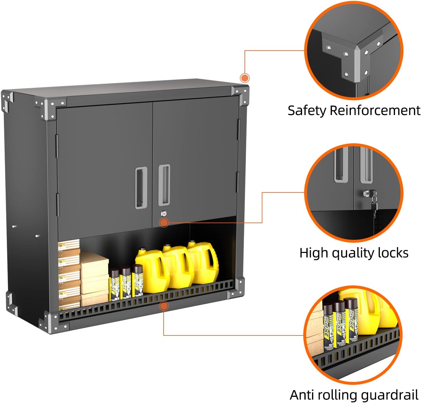 Detalle de SUPEER Hängeschrank Metall Werkzeugschrank mit verstellbarem Fachboden, 2 Türen und Schublade (abschließbar) – H77×B80×D30 cm, Schwarz