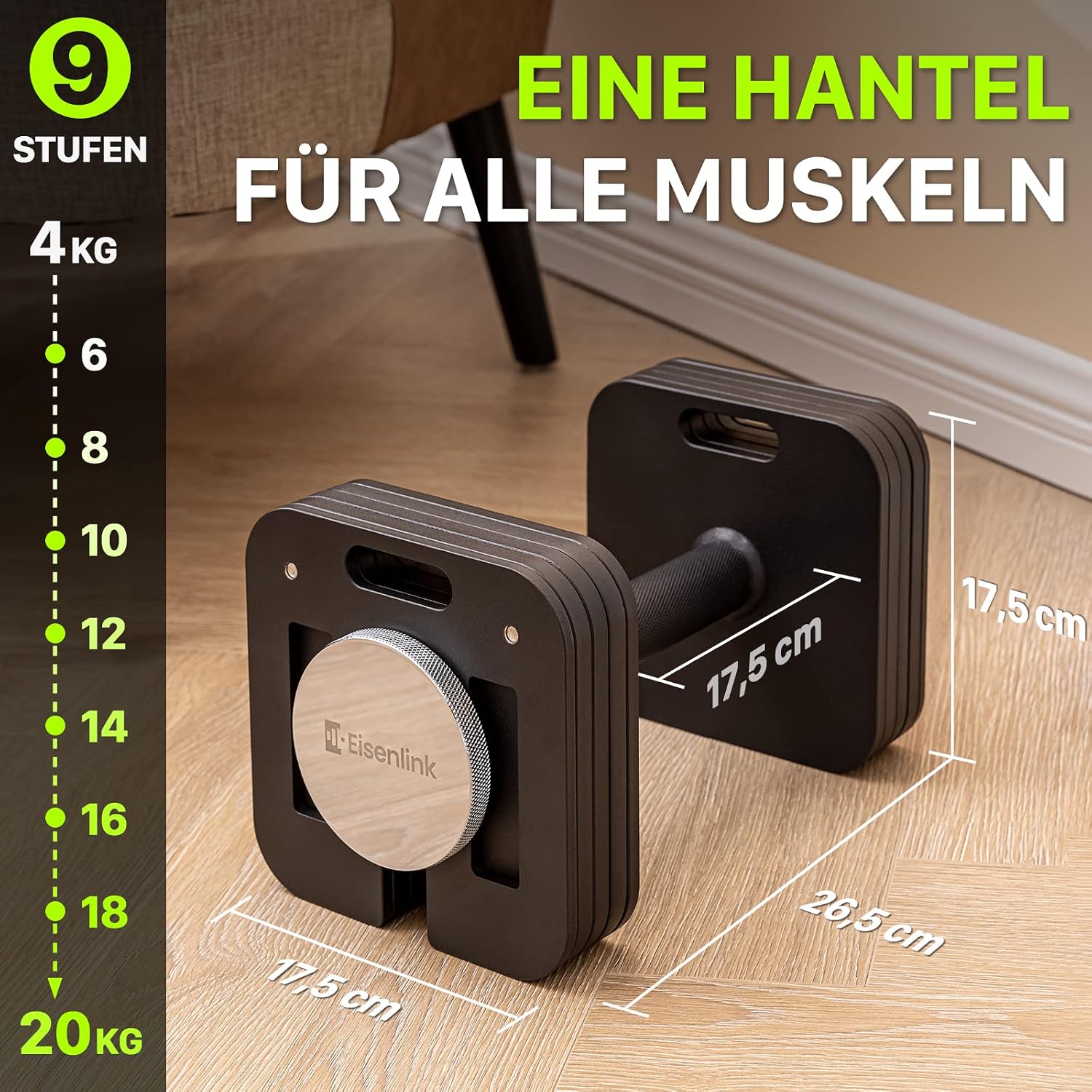 Detalle 2 de Eisenlink verstellbare quadratische Kurzhantel – 1 Stück, 20–36 kg, kompakt & rutschfest