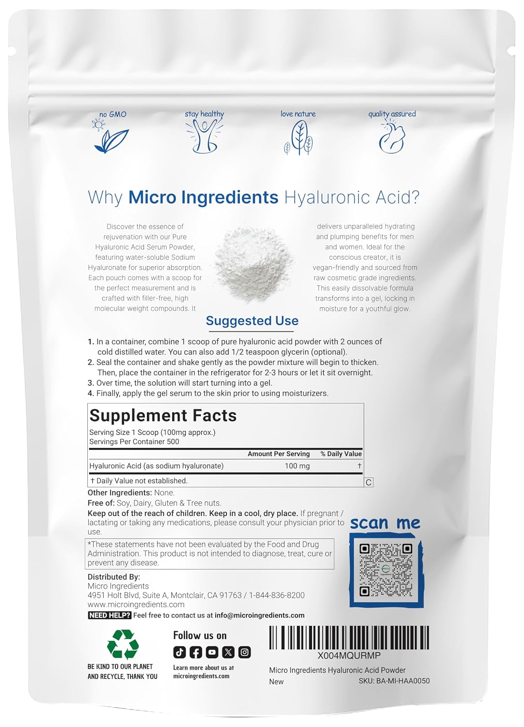 Detalle 2 de Micro Ingredients Hyaluronic Acid Powder 50 Grams