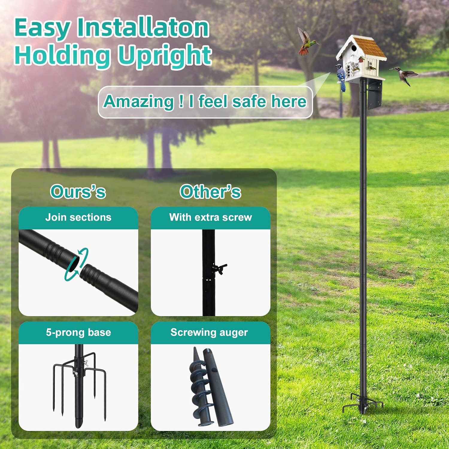 Thumbnail 4 de Bird Table Stand for Garden 150 cm: Heavy-Duty Outdoor Bird Feeder Pole with 5‑Prong Base