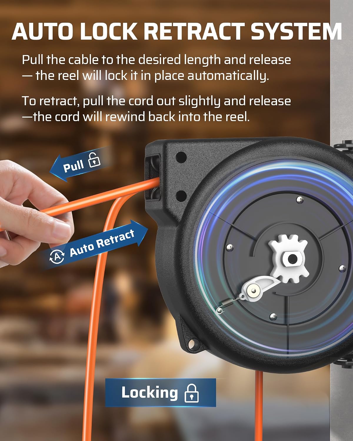 Detalle de DEWENWILS DL-601 30 ft Extension Cord Reel, 16/3C Cable, Three Outlets