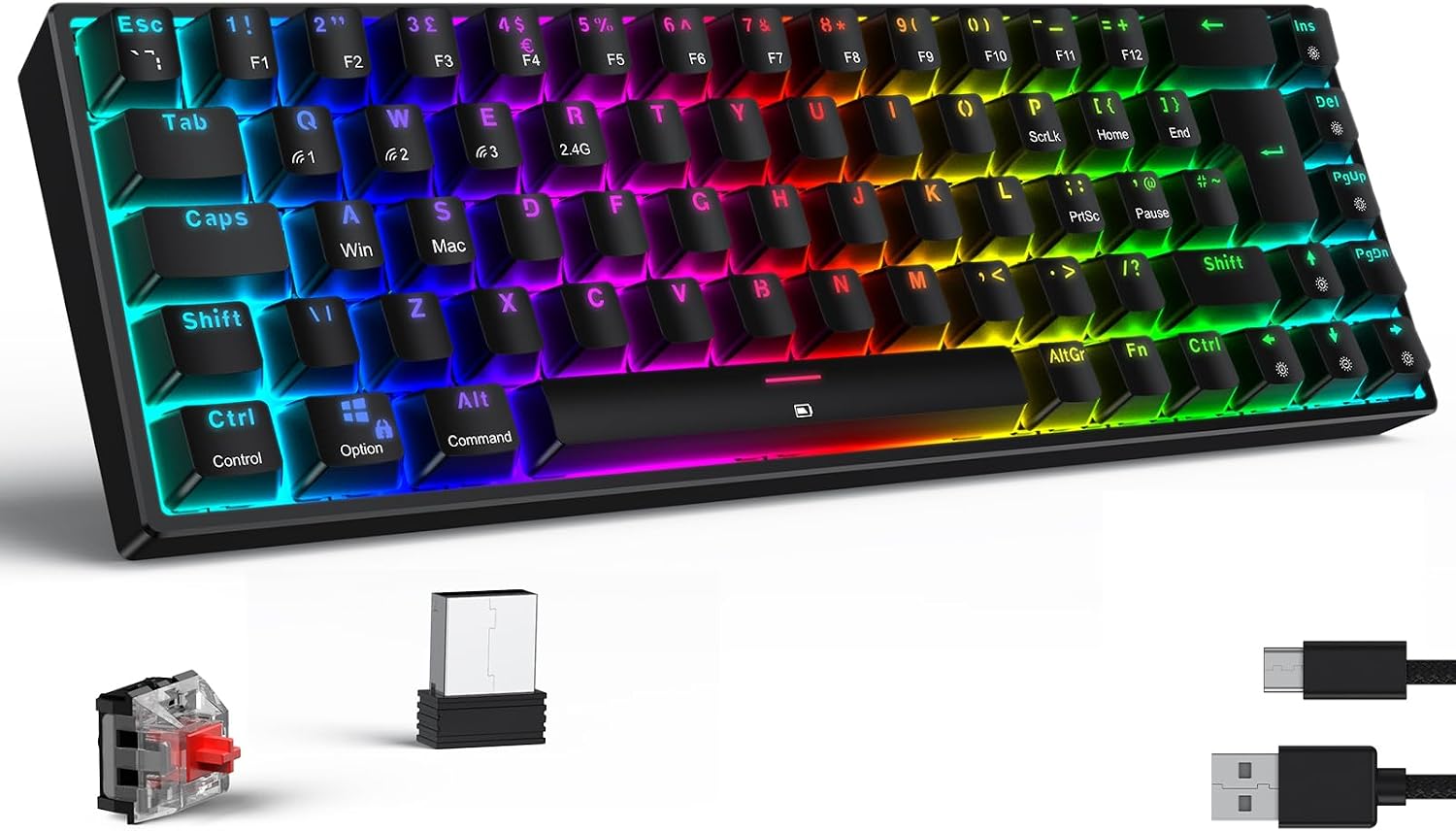 Detalle de TECURS Wireless Mechanical RGB 65% Keyboard (UK Layout) – 68 Keys, Red Switch, Bluetooth/2.4G/Wired
