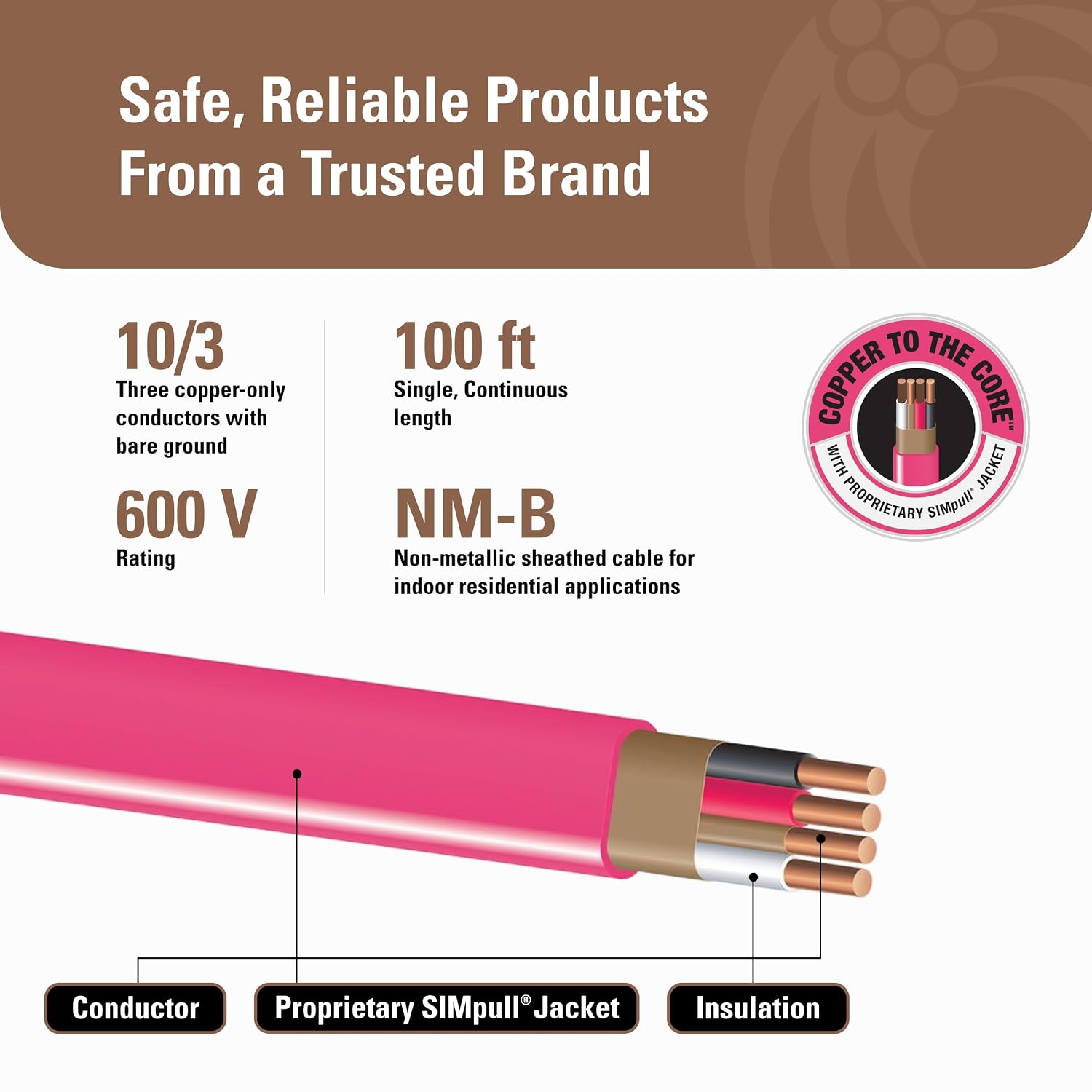 Detalle de Southwire Romex 63948526 SIMpull NM-B 10/3 100 ft Pink Cable