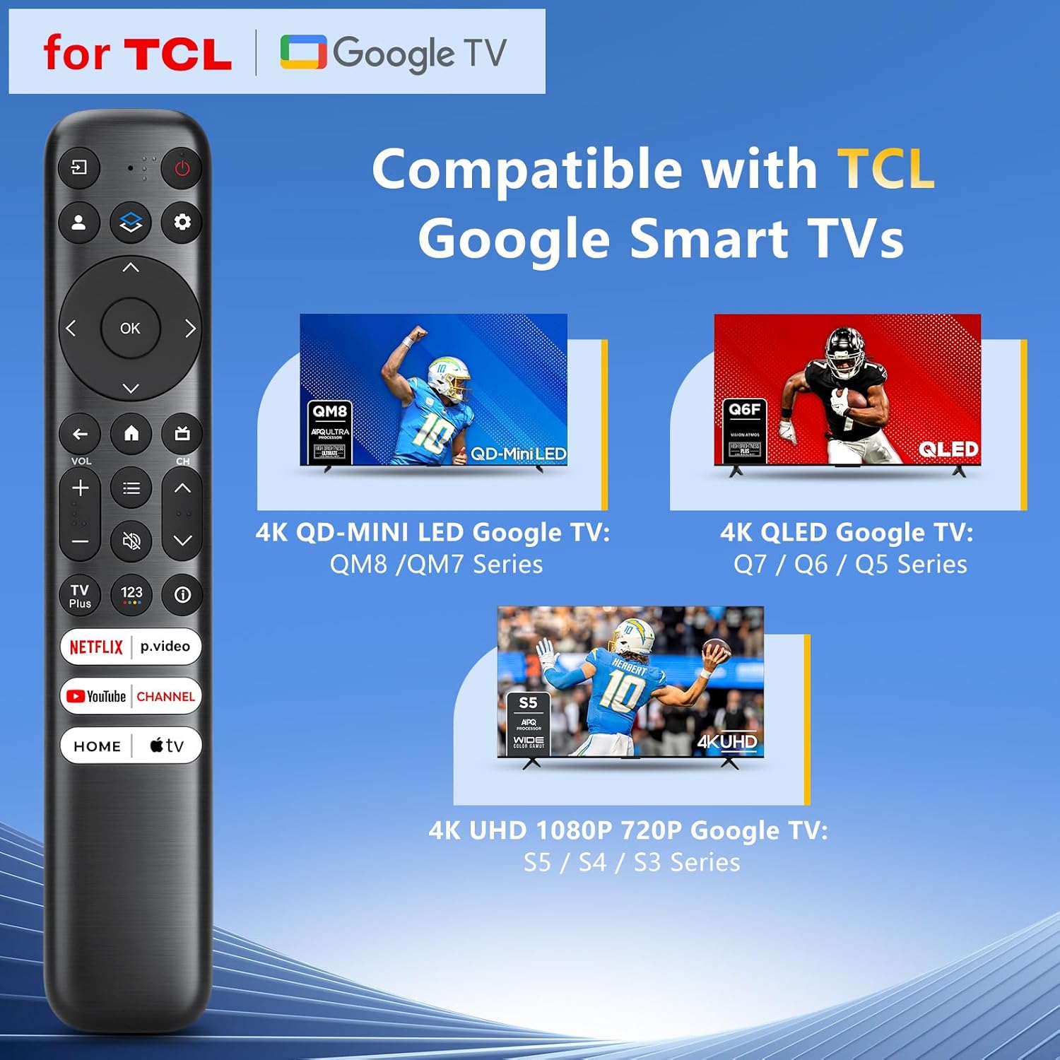 Detalle de RC813 Replacement Remote for TCL Google TV (QM8/QM7/S5/S4/S3/Q7/Q6/Q5) – Drop‑Resistant, No Setup Needed
