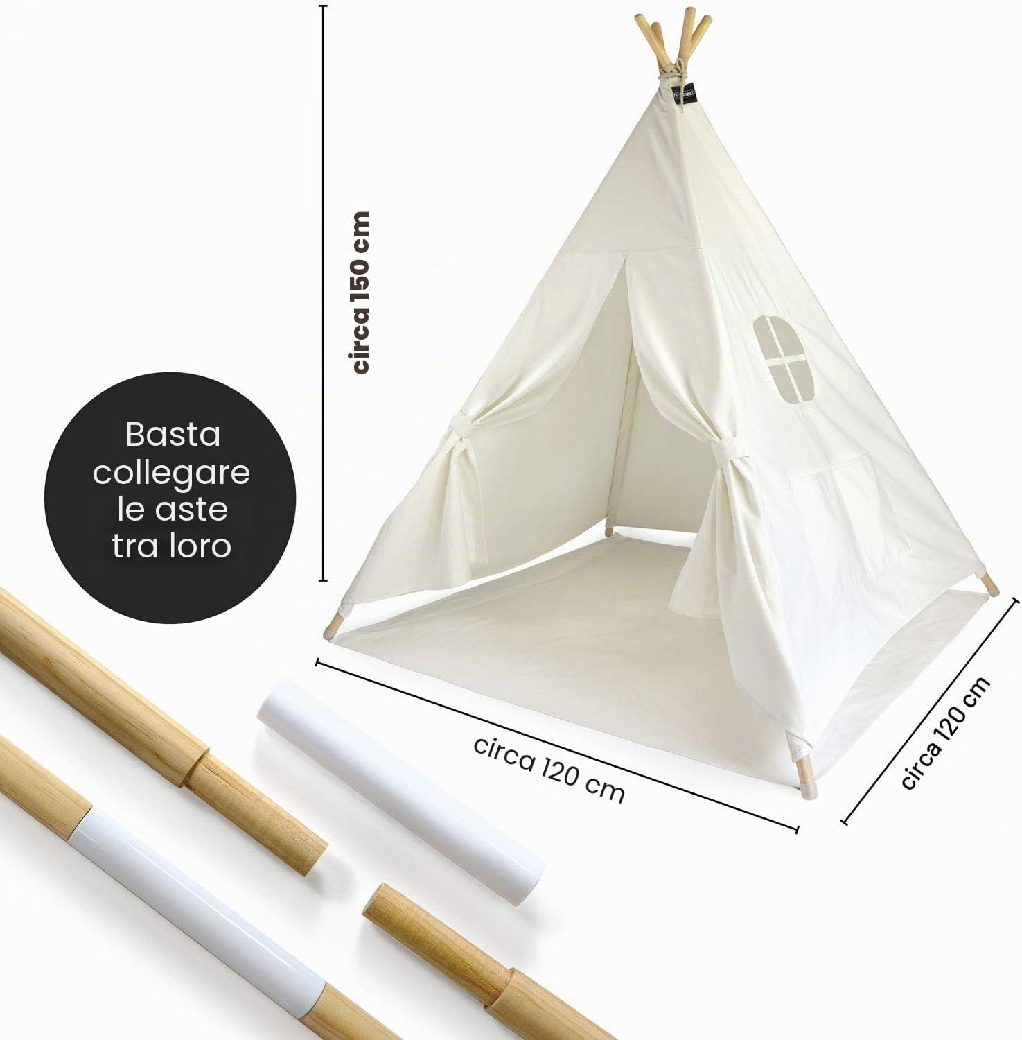 Detalle de HEJ LØNNE Tenda Tipi Indiana per Bambini Beige Naturale con Tappetino e Finestra 120x120x150 cm