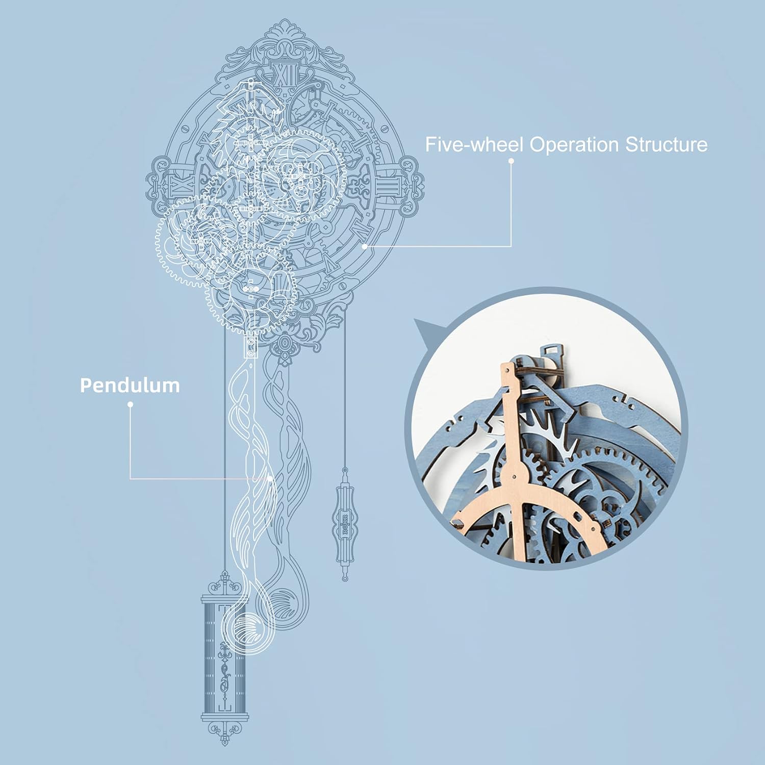 Detalle de ROKR Puzzle 3D in legno LC701: orologio a pendolo da parete da costruire