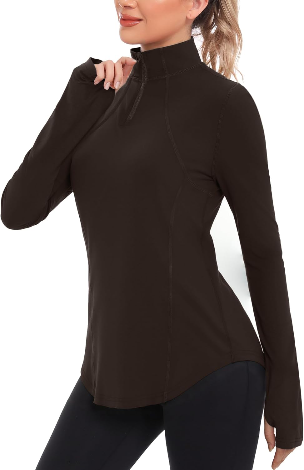 Thumbnail 6 de Crewhpo Tee-shirt Sport Femme manches longues 1/4 zip avec trous pour les pouces – haut running, yoga et fitness